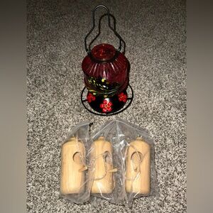 Glass Hummingbird Feeder and 3 Wooden Hummingbird Houses